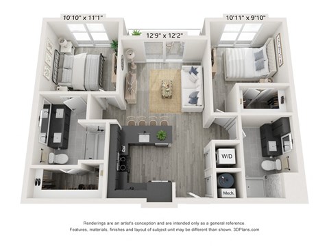 Floor plan for 2 beds, 2 baths, 914 sqft